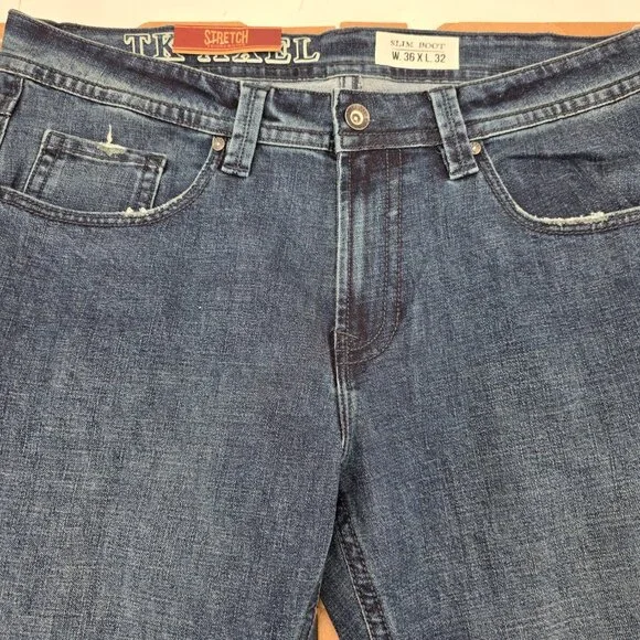T.K. Axel Jeans Mens 36x32 Slim Boot Stretch Blue Denim Embroidered Pockets - Picture 11 of 13